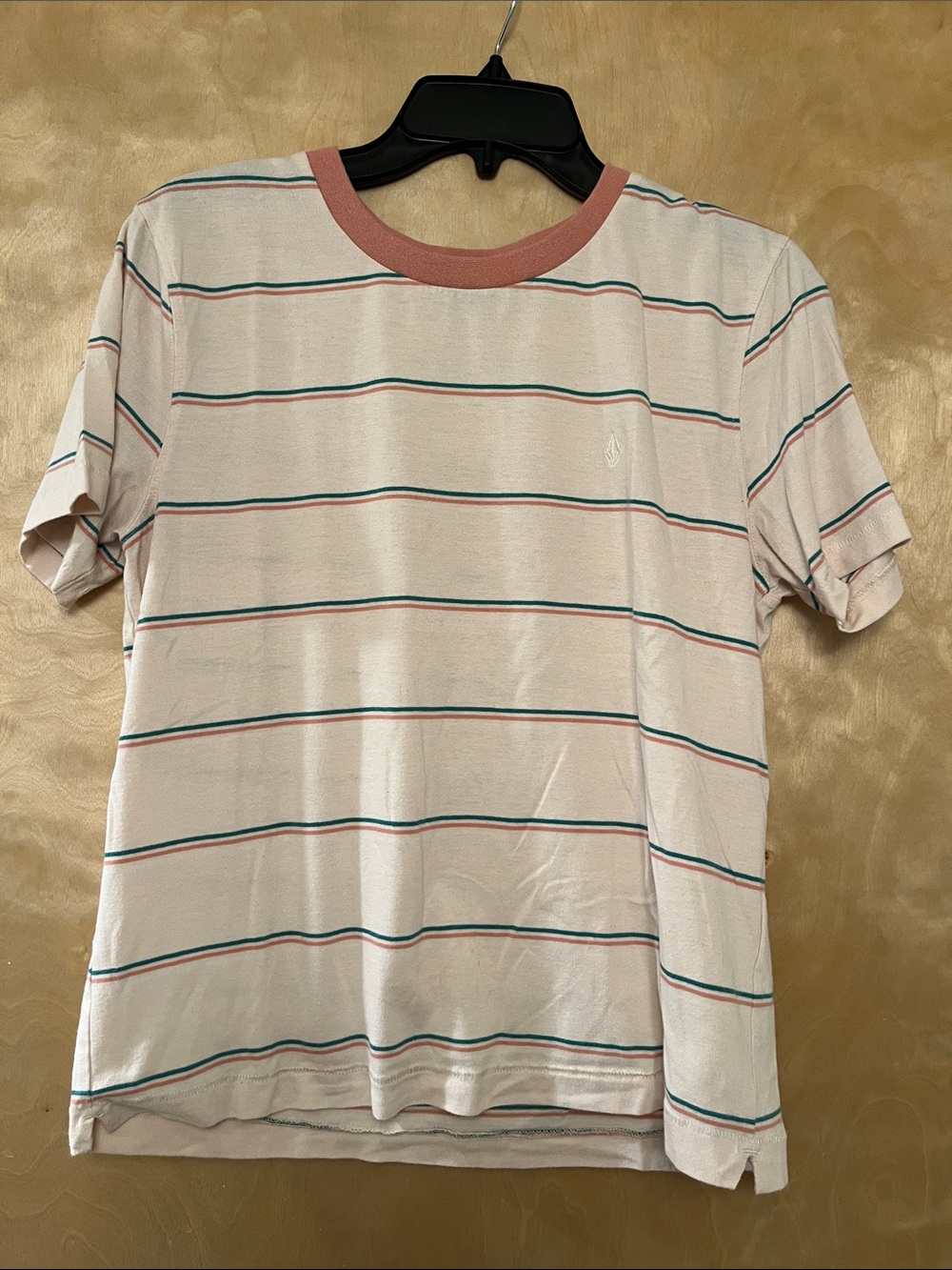 Volcom Cream Stripe Ringer Tee with Dusty Rose Neck